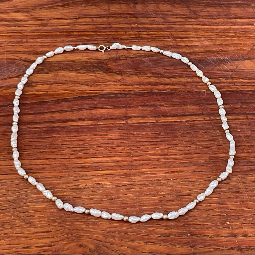 14K Gold Vintage Real Rice Pearl Necklace 16" - Picture 5 of 6